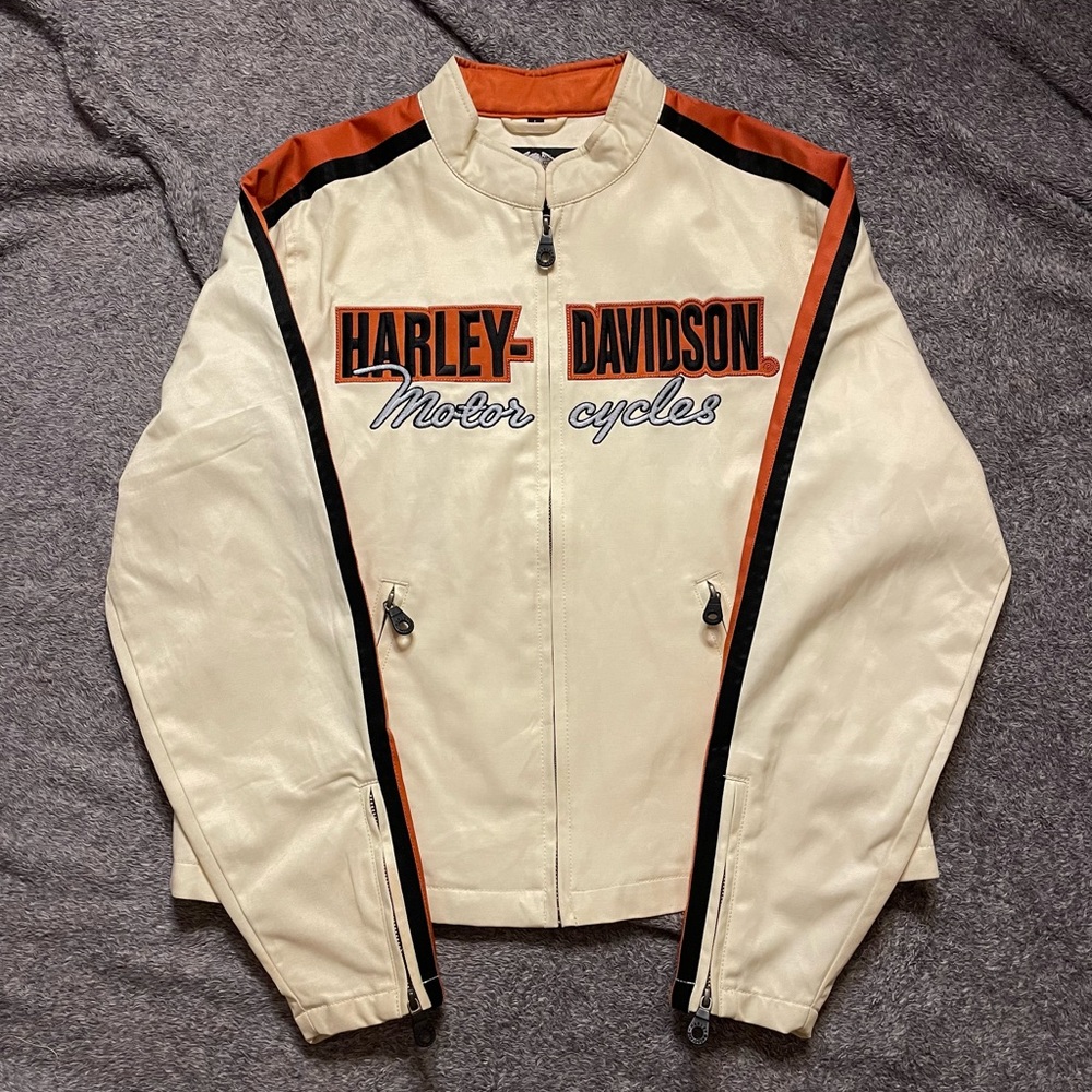 Harley Davidson Women L Motorcycle Jacket Full Zip Biker Orange Striped Beige